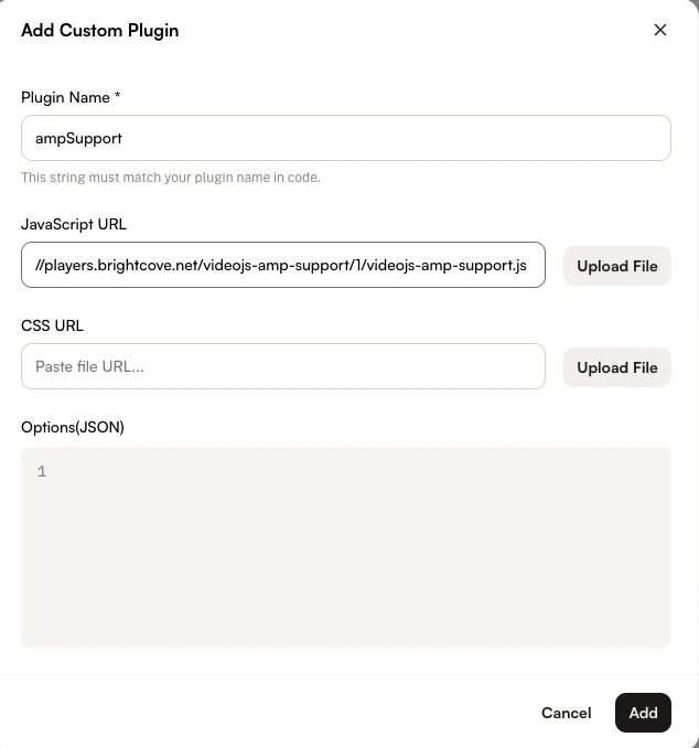 Add Custom Plugin dialog with ampSupport plugin name and JavaScript URL