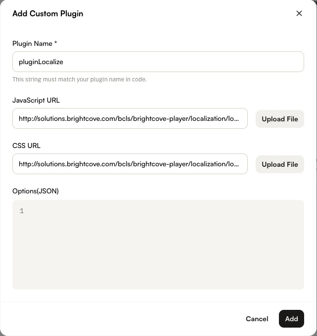 Add Custom Plugin dialog with pluginLocalize plugin name, JavaScript and CSS URLs