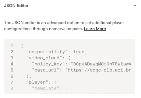 JSON Editor accordion showing video_cloud base_url configuration