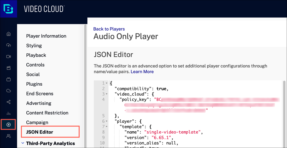 Player configuration JSON