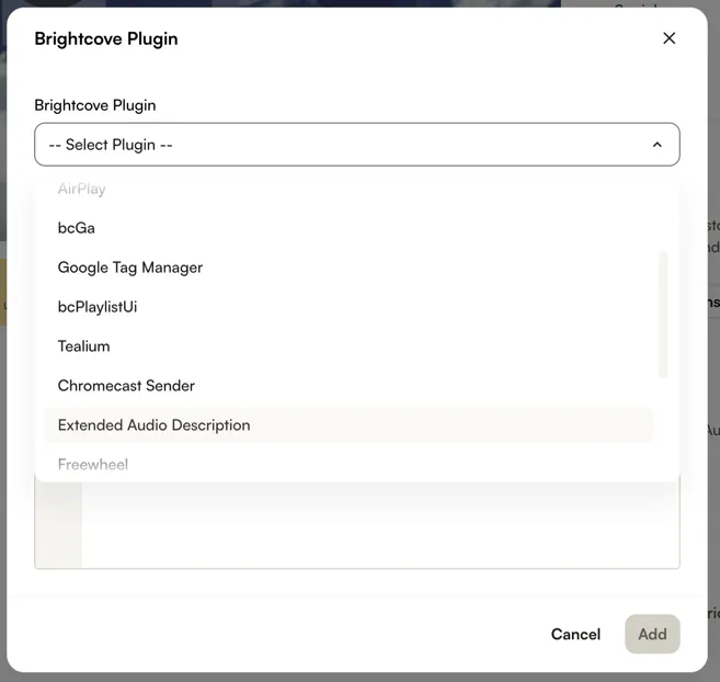 Brightcove Plugin dialog with the plugin list open and Extended Audio Description highlighted