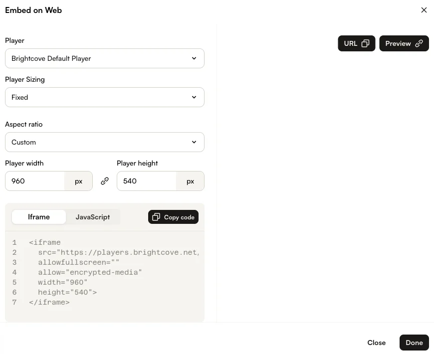 Embed on Web dialog showing Iframe and JavaScript tabs