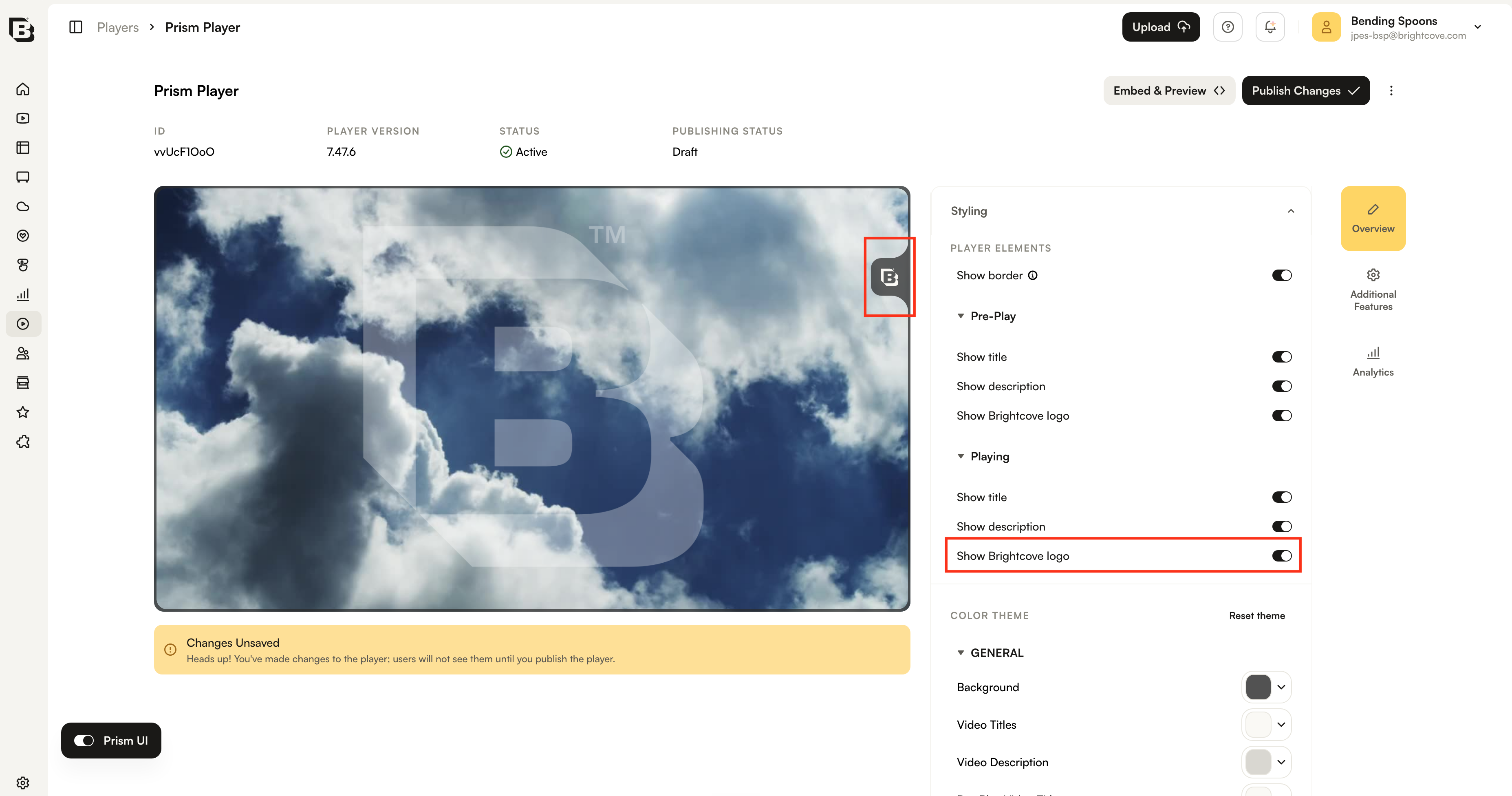 Brightcove logo toggle in Prism Player styling