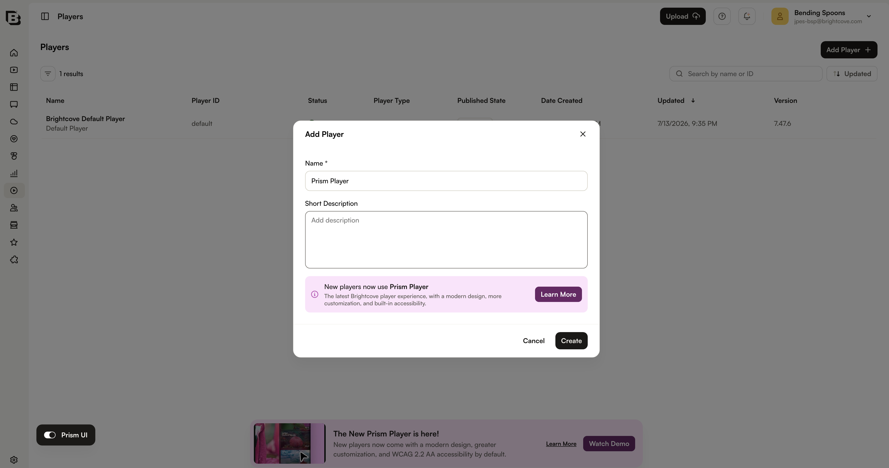 New player using the Prism theme by default