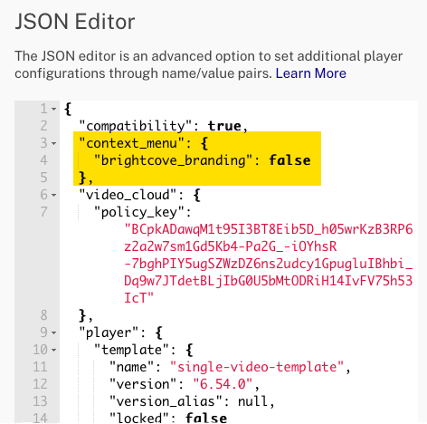JSON Editor no Brightcove Player branding