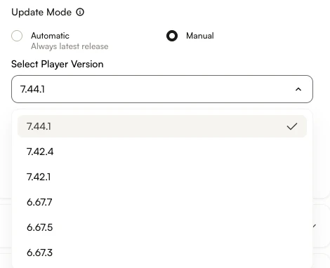 Select Player Version dropdown listing the available player versions
